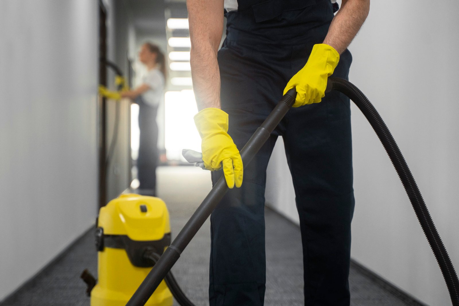 Nettoyage de bureaux et locaux professionnels à Le Havre Seine-Maritime 76 Normandie. Technicien Proclean nettoyant la moquette des bureaux d'une entreprise havraise